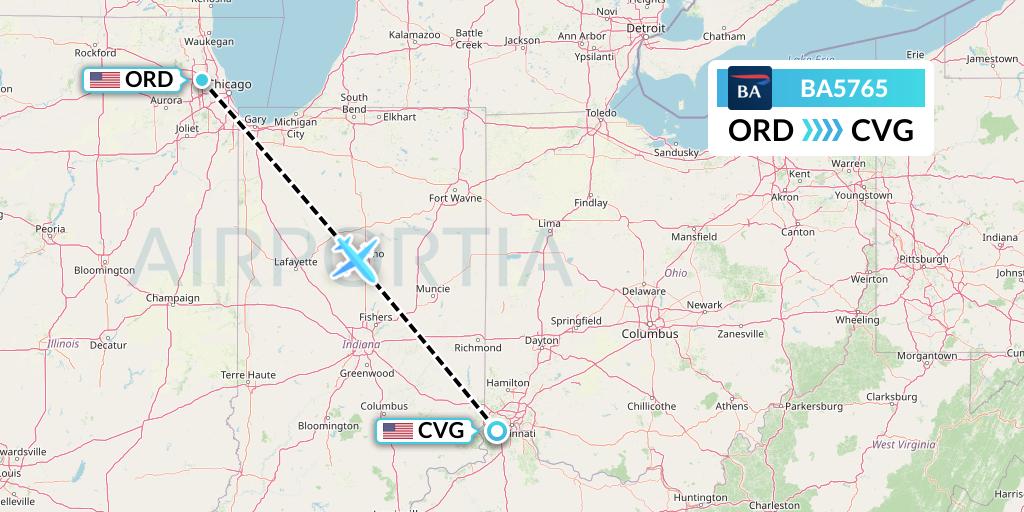 BA5765 British Airways Flight Map: Chicago to Cincinnati