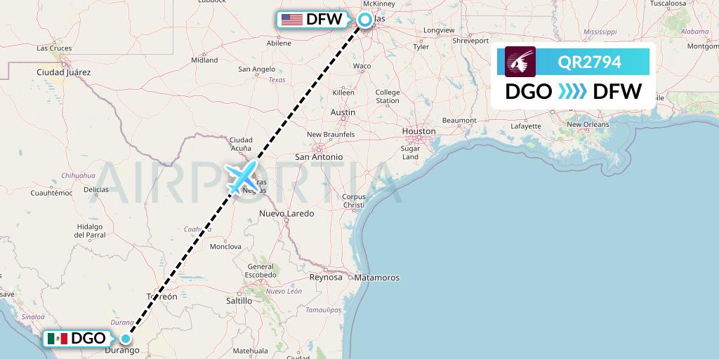 QR2794 Qatar Airways Flight Map: Durango to Dallas
