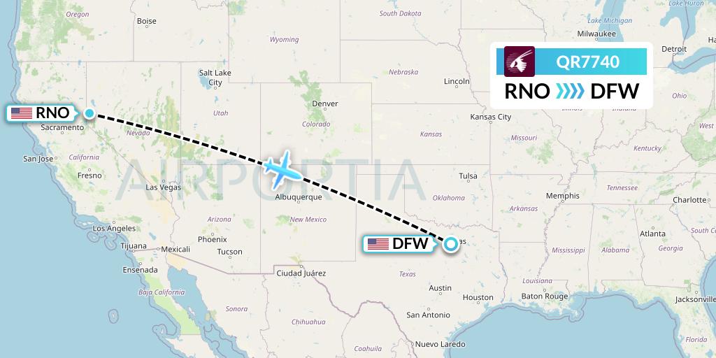 QR7740 Qatar Airways Flight Map: Reno to Dallas