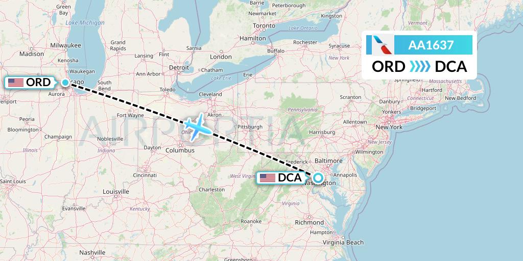 AA1637 American Airlines Flight Map: Chicago to Washington