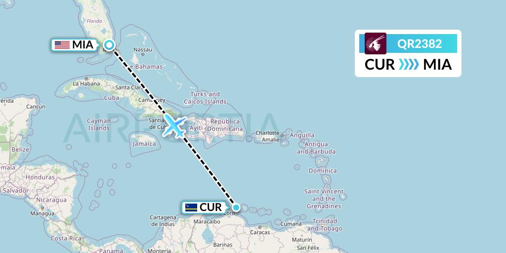 QR2382 Qatar Airways Flight Map: Willemstad to Miami
