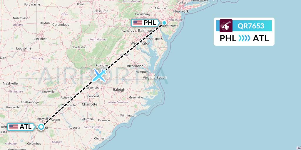 QR7653 Qatar Airways Flight Map: Philadelphia to Atlanta