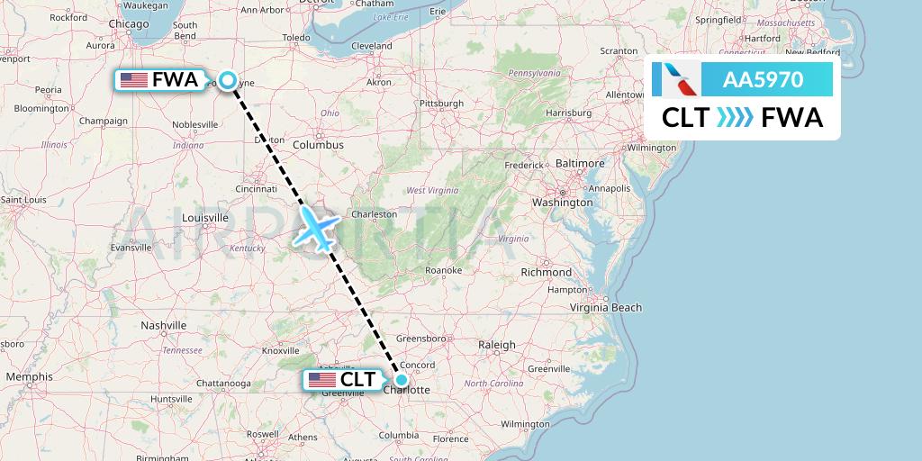 AA5970 American Airlines Flight Map: Charlotte to Fort Wayne