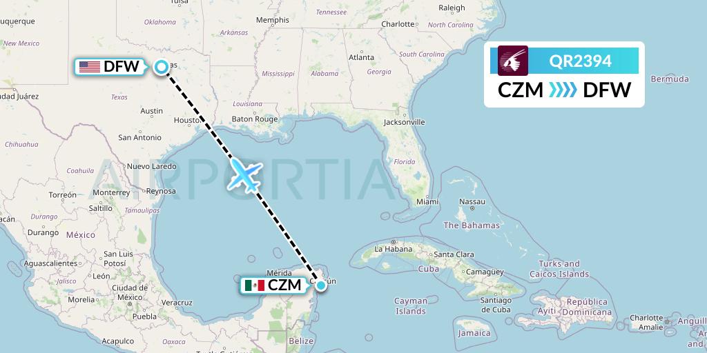 QR2394 Qatar Airways Flight Map: Cozumel to Dallas