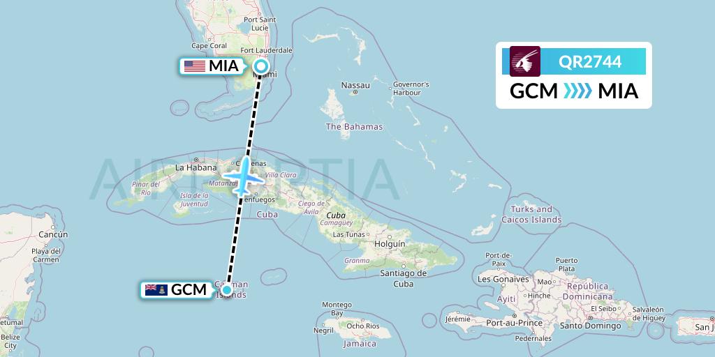 QR2744 Qatar Airways Flight Map: George Town to Miami