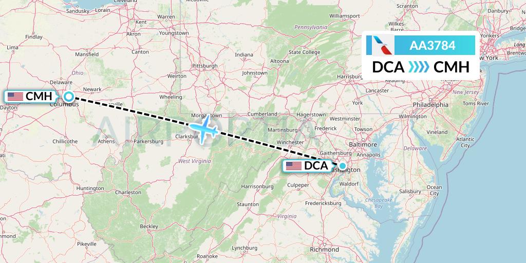 AA3784 American Airlines Flight Map: Washington to Columbus