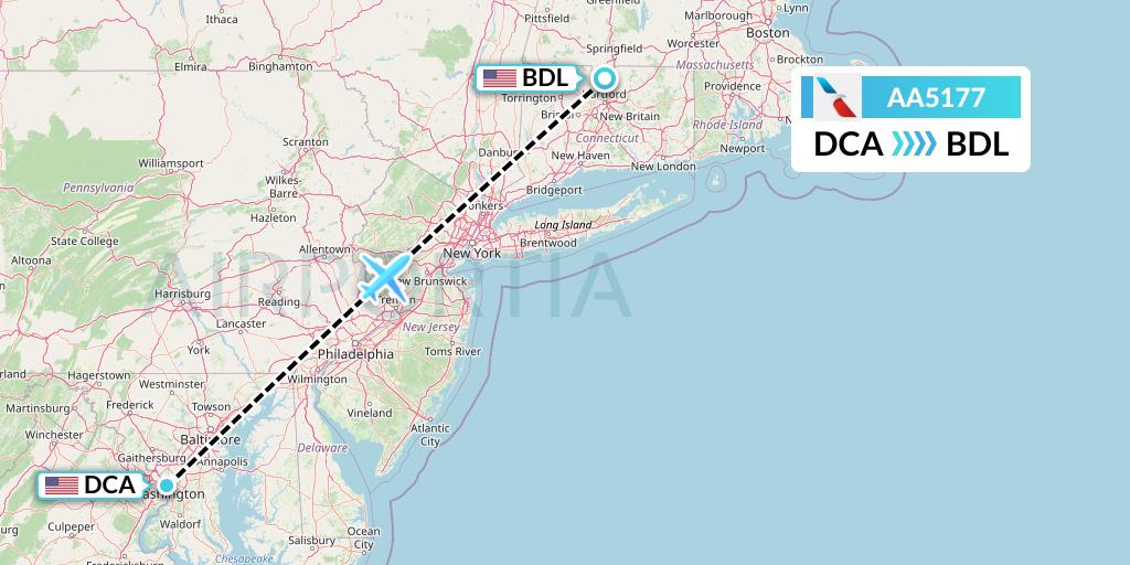 AA5177 American Airlines Flight Map: Washington to Windsor Locks