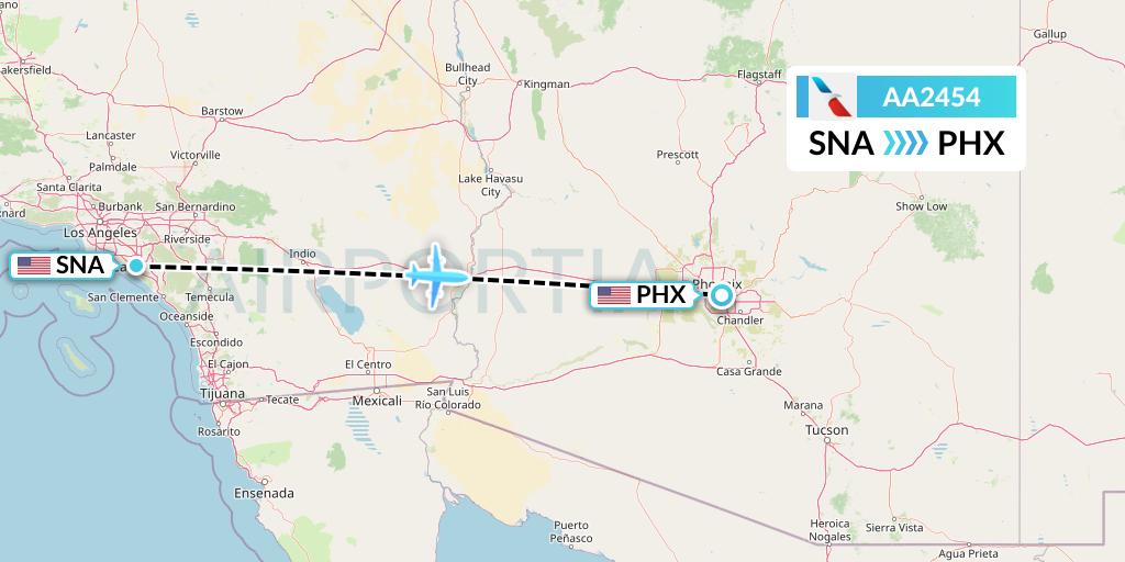 AA2454 American Airlines Flight Map: Orange County to Phoenix