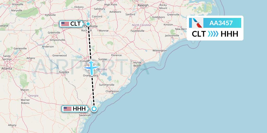 AA3457 American Airlines Flight Map: Charlotte to Hilton Head Island