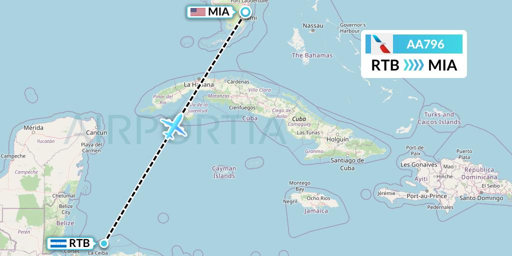 AA796 American Airlines Flight Map: Roatan to Miami