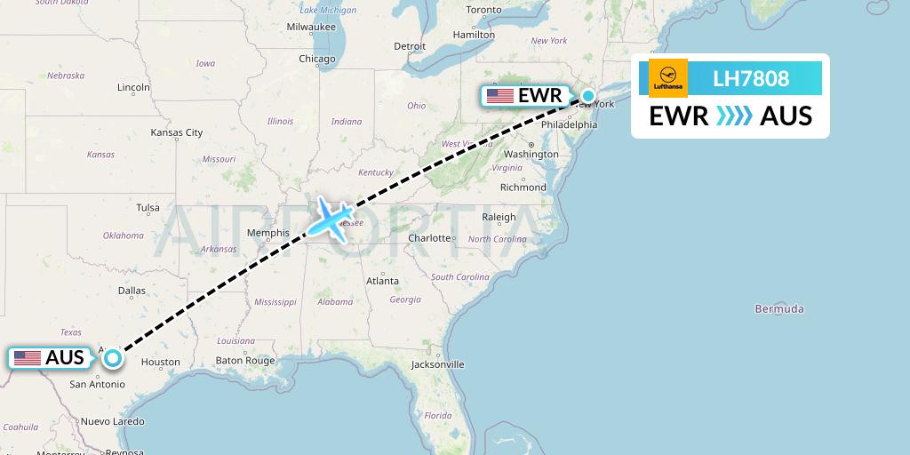 LH7808 Lufthansa Flight Map: New York to Austin