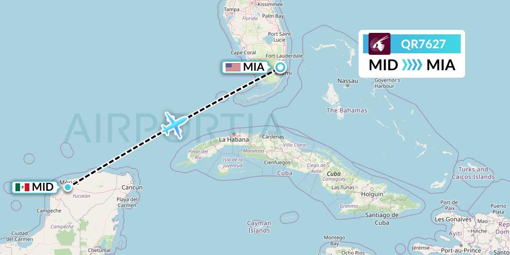 QR7627 Qatar Airways Flight Map: Merida to Miami