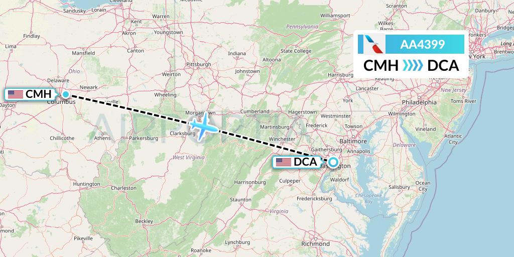 AA4399 American Airlines Flight Map: Columbus to Washington