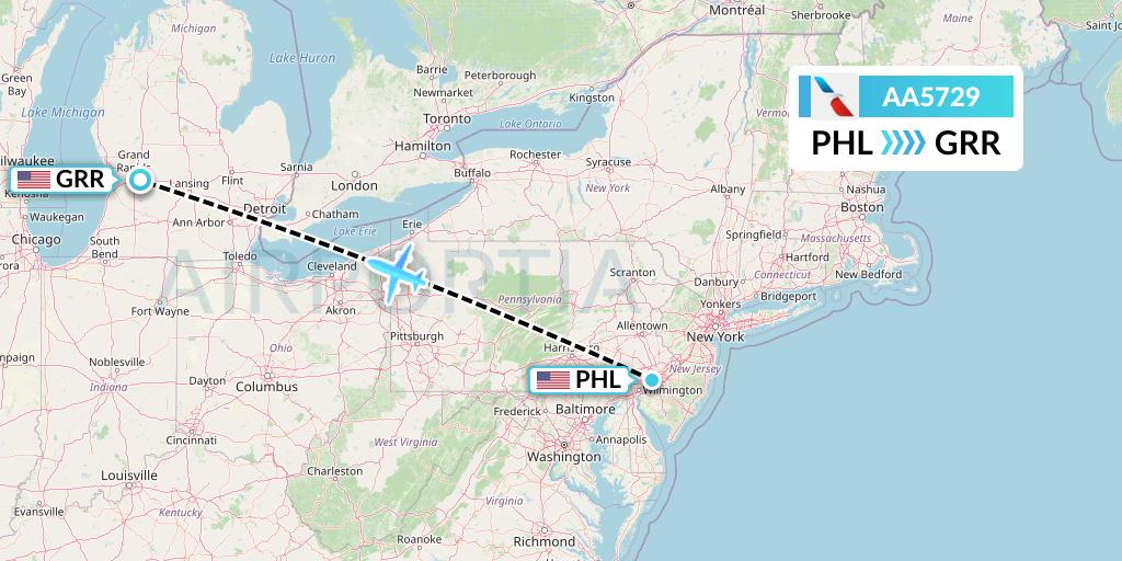 AA5729 American Airlines Flight Map: Philadelphia to Grand Rapids