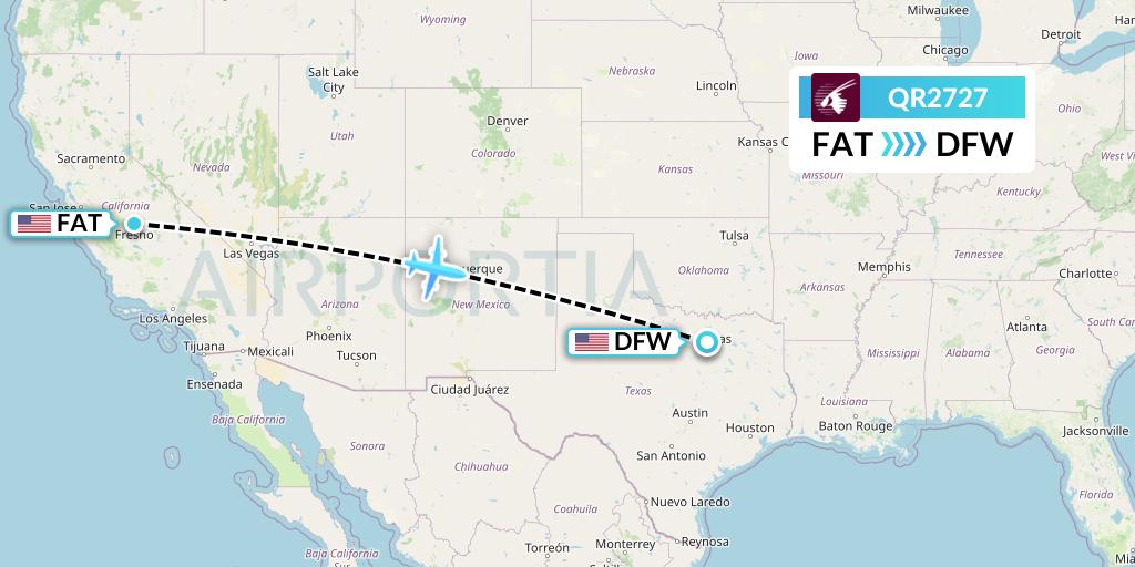 QR2727 Qatar Airways Flight Map: Fresno to Dallas