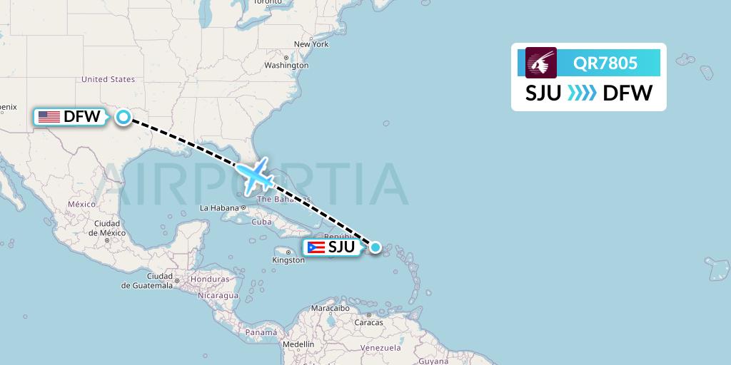 QR7805 Qatar Airways Flight Map: San Juan to Dallas