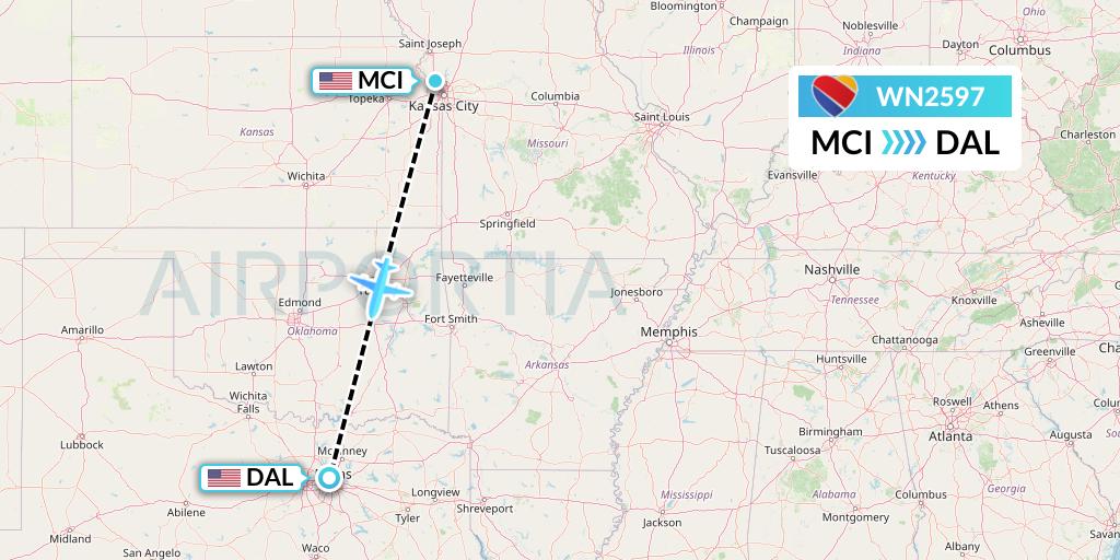 WN2597 Southwest Airlines Flight Map: Kansas City to Dallas