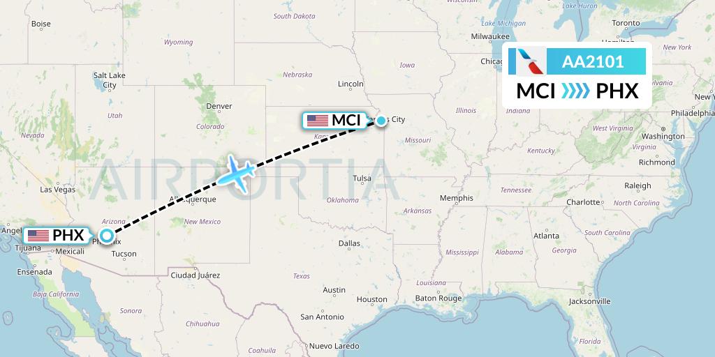 AA2101 American Airlines Flight Map: Kansas City to Phoenix