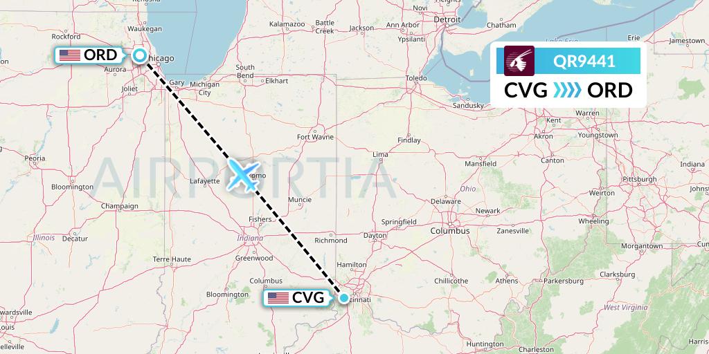 QR9441 Qatar Airways Flight Map: Cincinnati to Chicago