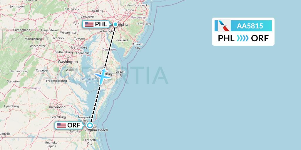 AA5815 American Airlines Flight Map: Philadelphia to Norfolk