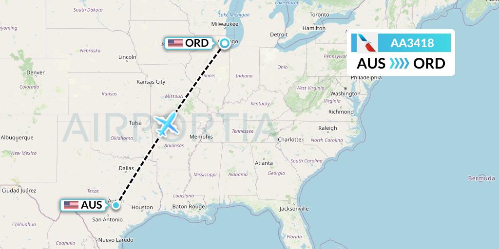 AA3418 American Airlines Flight Map: Austin to Chicago