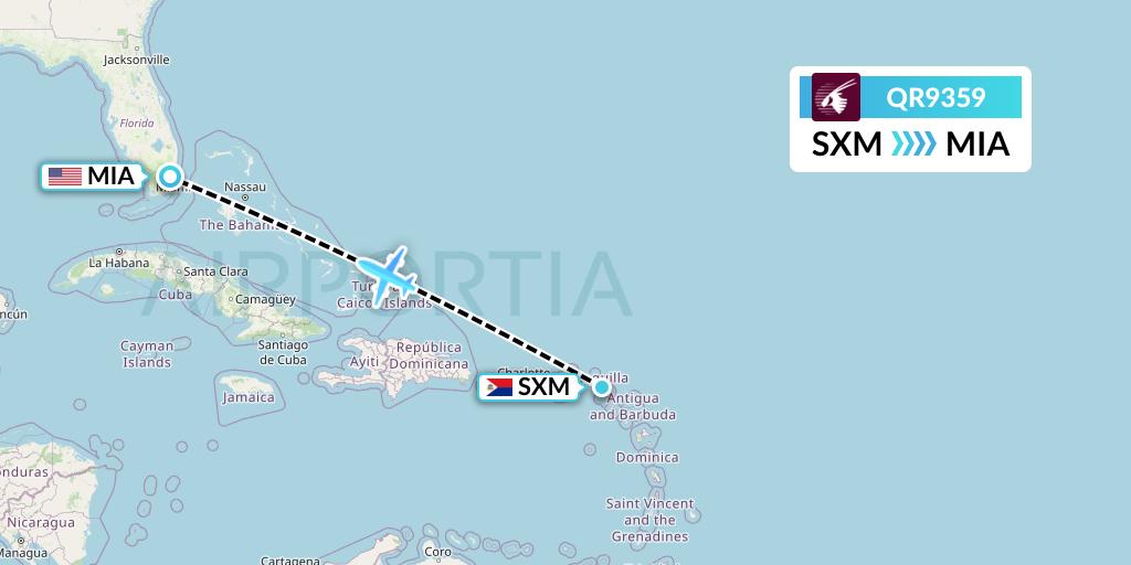 QR9359 Qatar Airways Flight Map: Sint Maarten to Miami