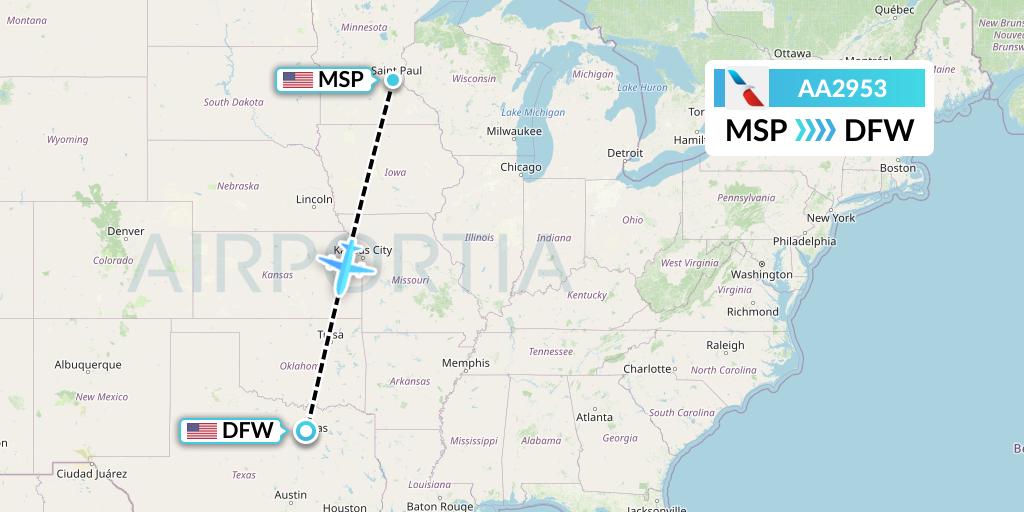 AA2953 American Airlines Flight Map: Minneapolis to Dallas