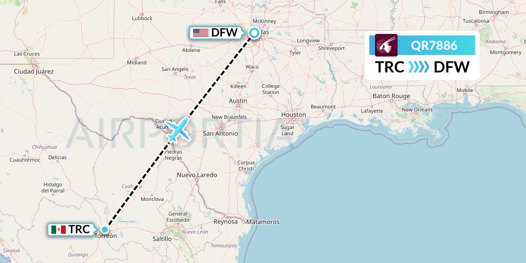 QR7886 Qatar Airways Flight Map: Torreon to Dallas
