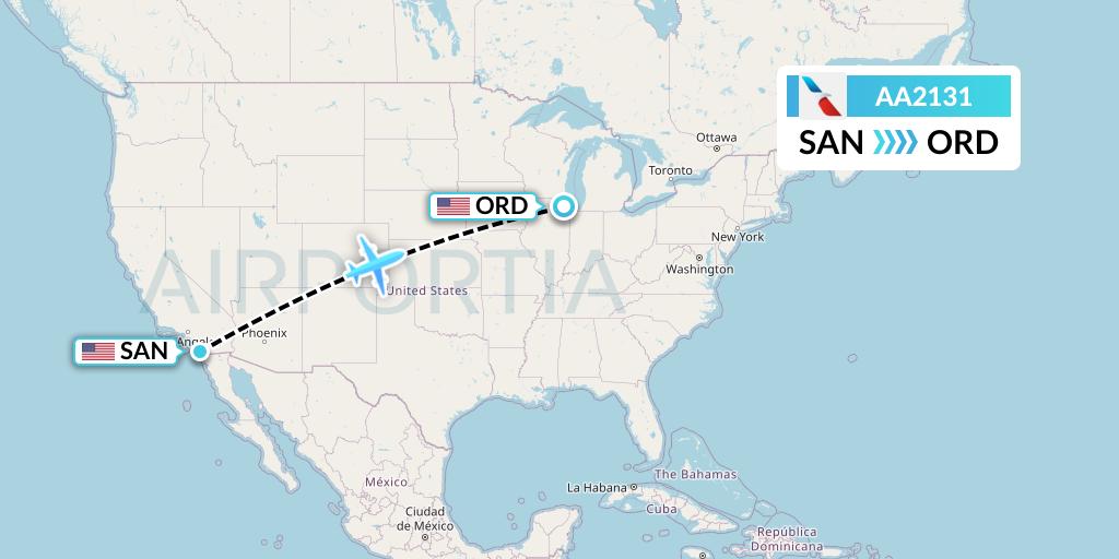AA2131 American Airlines Flight Map: San Diego to Chicago