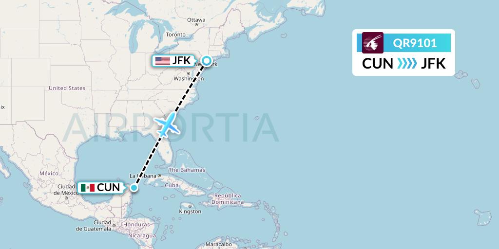 QR9101 Qatar Airways Flight Map: Cancun to New York