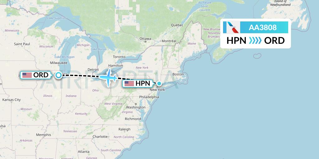 AA3808 American Airlines Flight Map: White Plains to Chicago