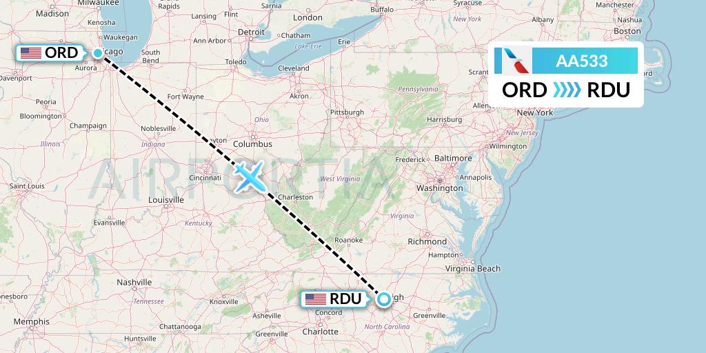 AA533 American Airlines Flight Map: Chicago to Raleigh-Durham
