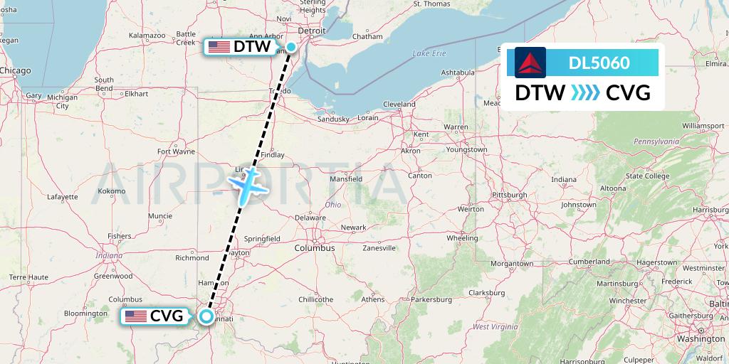 DL5060 Delta Air Lines Flight Map: Detroit to Cincinnati