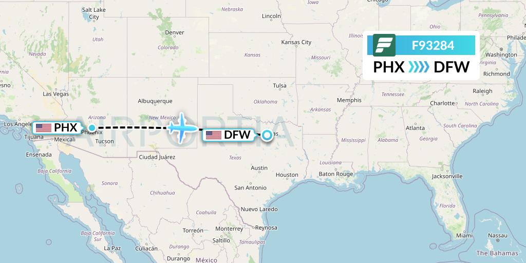 F93284 Frontier Airlines Flight Map: Phoenix to Dallas