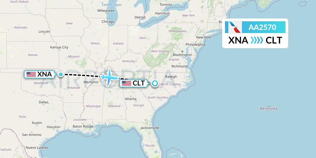AA2570 American Airlines Flight Map: Bentonville to Charlotte