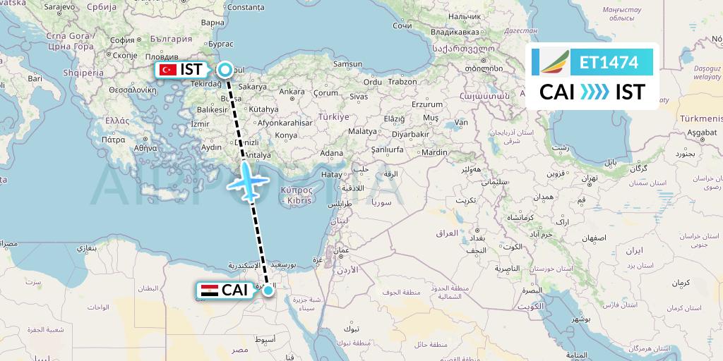 ET1474 Ethiopian Airlines Flight Map: Cairo to Istanbul