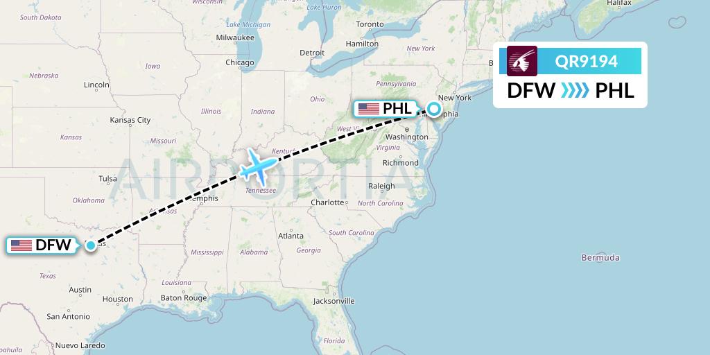 QR9194 Qatar Airways Flight Map: Dallas to Philadelphia
