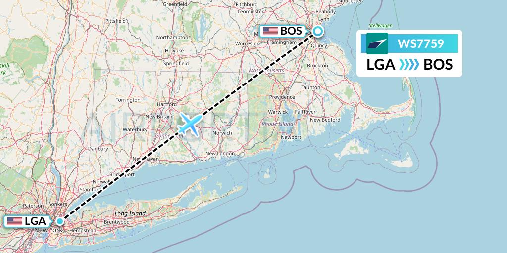 WS7759 WestJet Flight Map: New York to Boston