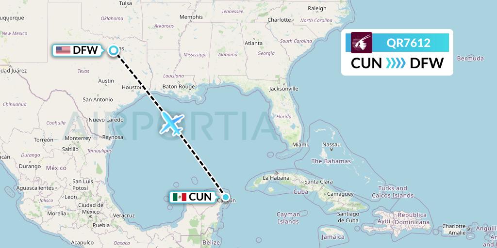 QR7612 Qatar Airways Flight Map: Cancun to Dallas