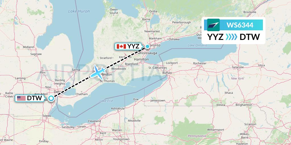 WS6344 WestJet Flight Map: Toronto to Detroit