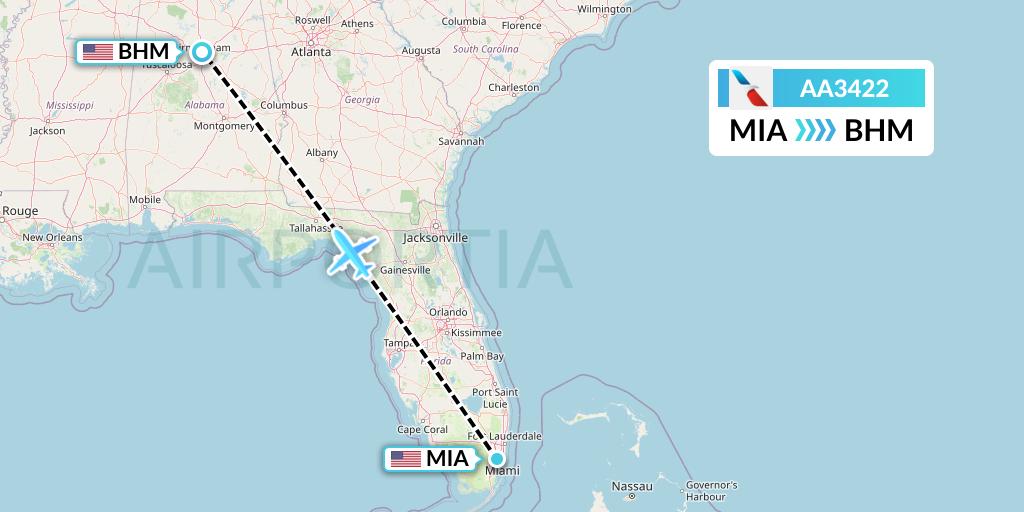 AA3422 American Airlines Flight Map: Miami to Birmingham