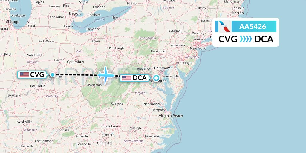 AA5426 American Airlines Flight Map: Cincinnati to Washington