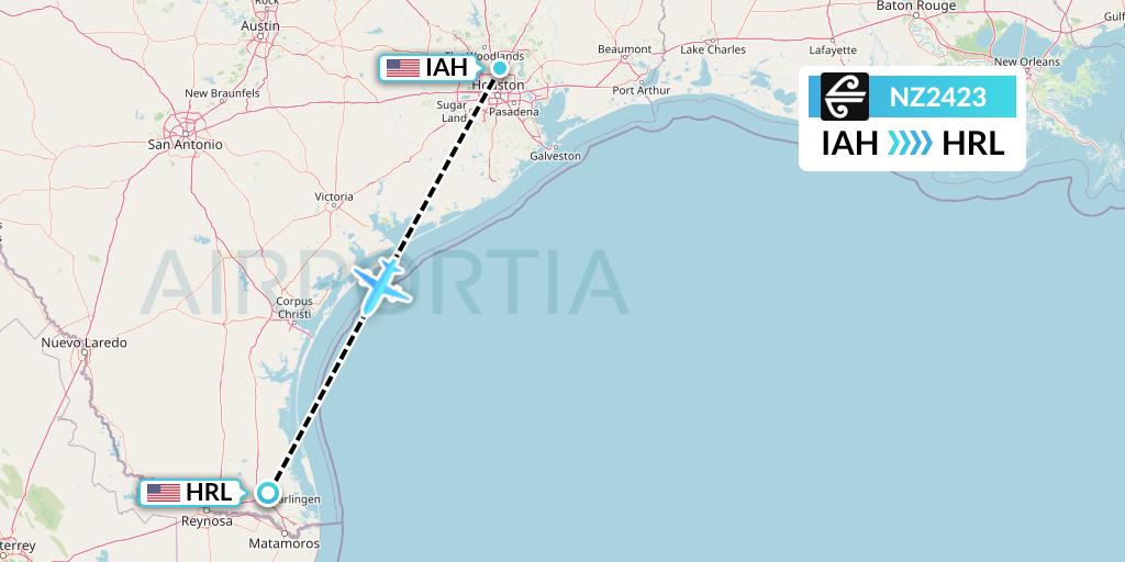 NZ2423 Air New Zealand Flight Map: Houston to Harlingen
