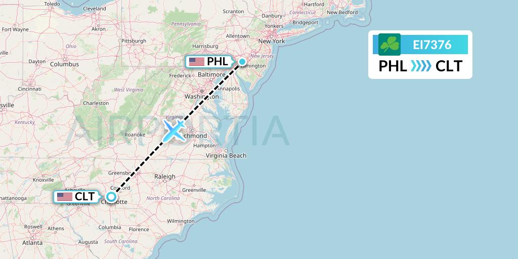 EI7376 Aer Lingus Flight Map: Philadelphia to Charlotte