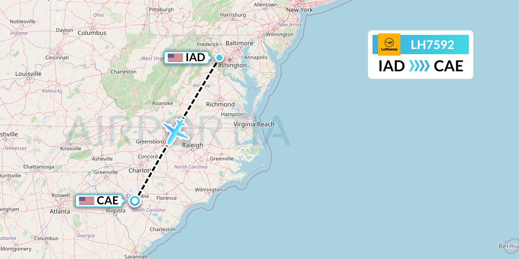 LH7592 Lufthansa Flight Map: Washington to Columbia