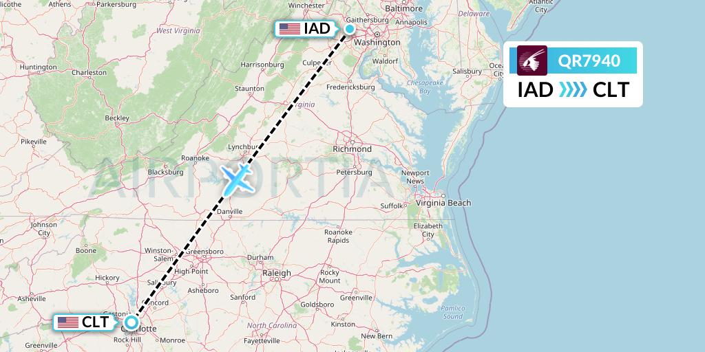 QR7940 Qatar Airways Flight Map: Washington to Charlotte