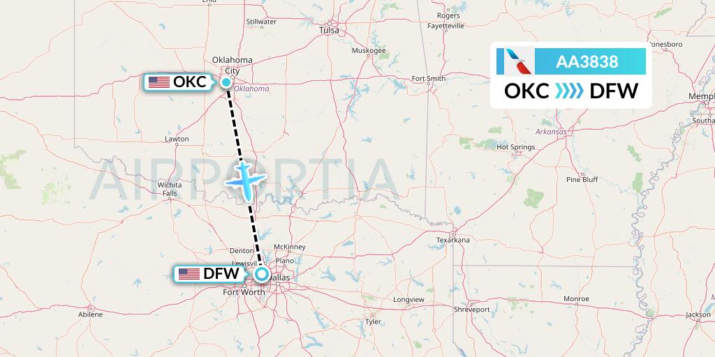 AA3838 American Airlines Flight Map: Oklahoma City to Dallas