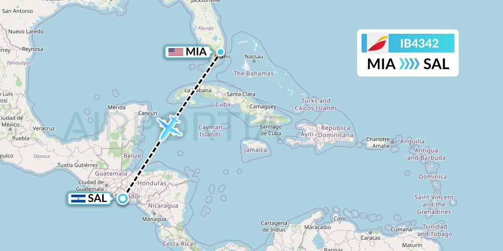 IB4342 Iberia Flight Map: Miami to San Salvador