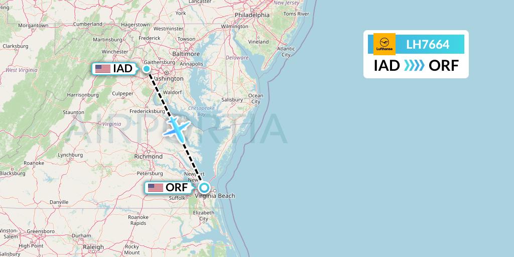 LH7664 Lufthansa Flight Map: Washington to Norfolk
