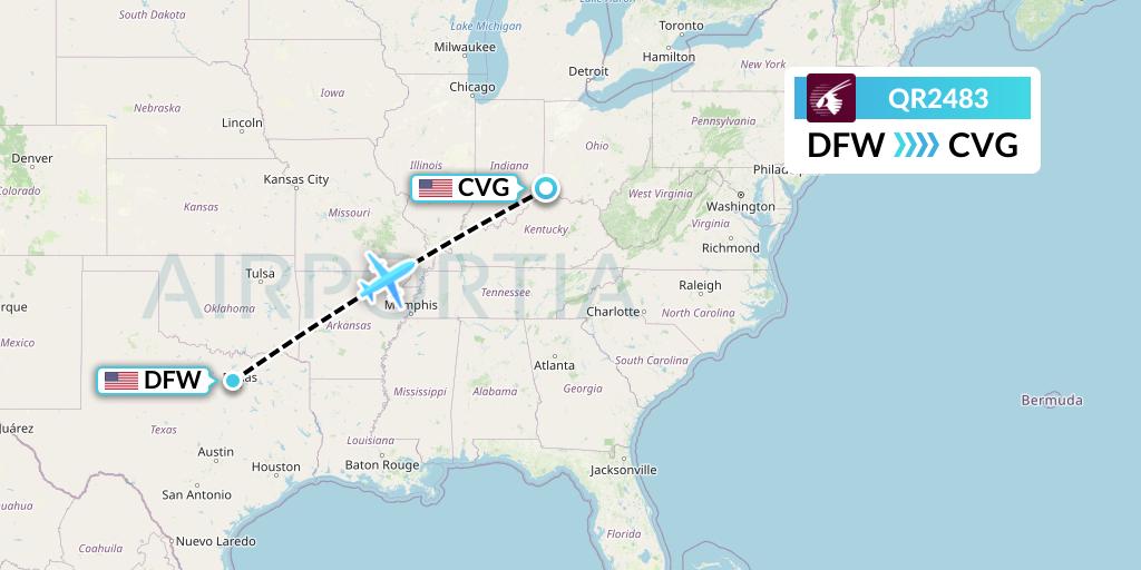 QR2483 Qatar Airways Flight Map: Dallas to Cincinnati